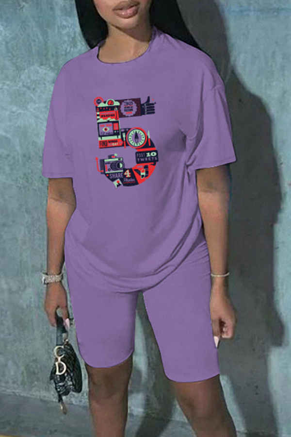 Purple Casual Print Patchwork O Neck Short Sleeve Two Pieces