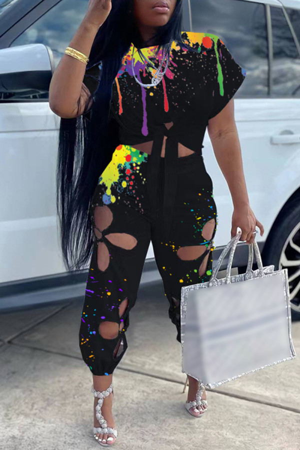 Black Fashion Casual Print Bandage Hollowed Out O Neck Short Sleeve Two Pieces