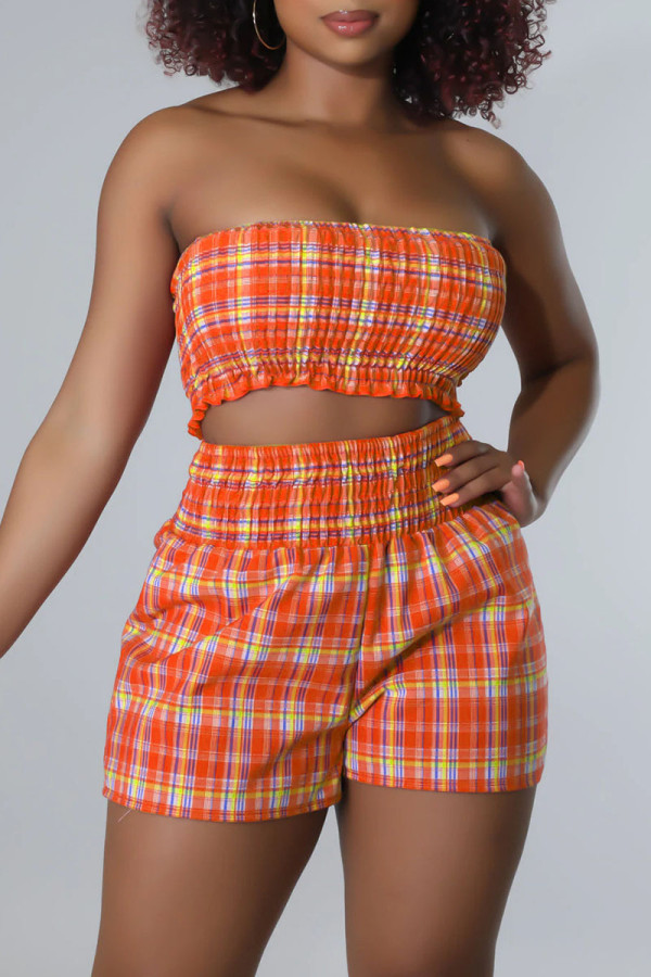 Tangerine Red Casual Plaid Print Patchwork Strapless Sleeveless Two Pieces