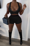 Black Sexy Solid Buckle V Neck Sleeveless Two Pieces