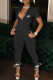 Black Fashion Street Print Patchwork Turndown Collar Jumpsuits