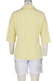 Yellow Casual Striped Print Patchwork Buckle Beading Turndown Collar Tops