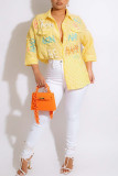 Yellow Casual Striped Print Patchwork Buckle Beading Turndown Collar Tops
