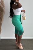 White Green Fashion Sexy Solid Tassel Patchwork Asymmetrical O Neck Sleeveless Two Pieces