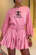 Pink Fashion Casual Print Letter O Neck Loose Rompers