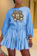 Light Blue Fashion Casual Character Letter O Neck Loose Rompers