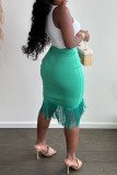 White Green Fashion Sexy Solid Tassel Patchwork Asymmetrical O Neck Sleeveless Two Pieces
