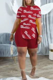 Red Casual Print Split Joint O Neck Plus Size Two Pieces
