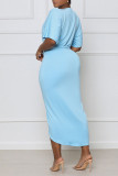 Light Blue Casual Solid Split Joint Fold Asymmetrical V Neck Dresses