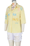 Yellow Casual Striped Print Patchwork Buckle Beading Turndown Collar Tops