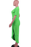 Green Casual Solid Split Joint Fold Asymmetrical V Neck Dresses