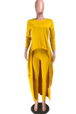 Yellow Fashion Casual Adult Twilled Satin Solid Pullovers O Neck Long Sleeve Regular Sleeve Longer In The Rear Two Pieces