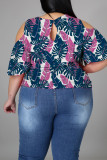 Multicolor Fashion Casual Print Hollowed Out V Neck Plus Size Tops