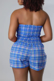 Blue Casual Plaid Print Patchwork Strapless Sleeveless Two Pieces