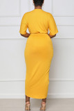 Yellow Casual Solid Split Joint Fold Asymmetrical V Neck Dresses
