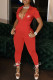 Red Fashion Street Print Patchwork Turndown Collar Jumpsuits