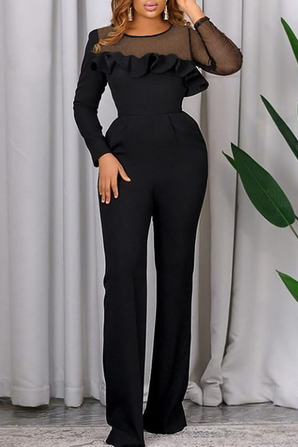 Black Fashion Casual Solid Patchwork See-through O Neck Regular Jumpsuits