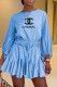 Light Blue Fashion Casual Print Letter O Neck Loose Rompers