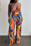 Blue Casual Print Patchwork Spaghetti Strap Straight Jumpsuits