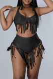 Black Fashion Sexy Solid Tassel Bandage Patchwork Backless Halter Sleeveless Two Pieces