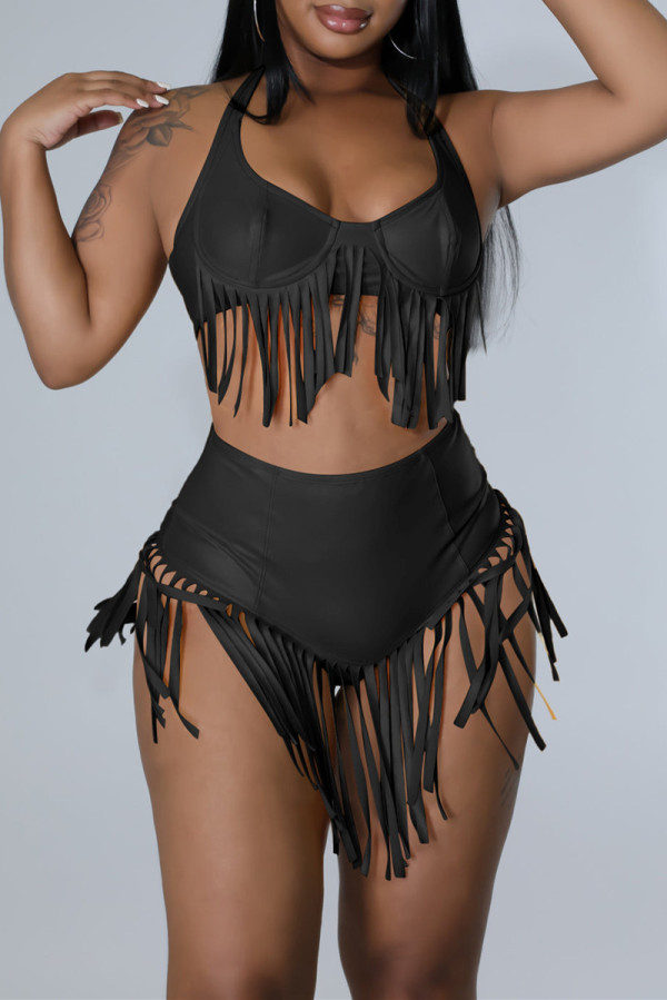Black Fashion Sexy Solid Tassel Bandage Patchwork Backless Halter Sleeveless Two Pieces