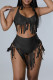Black Fashion Sexy Solid Tassel Bandage Patchwork Backless Halter Sleeveless Two Pieces