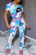 Lake Blue Fashion Street Tie Dye Letter O Neck Short Sleeve Two Pieces