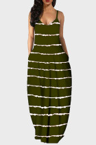 Army Green Fashion Striped Print Backless Spaghetti Strap Long Dress