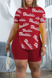 Red Casual Print Split Joint O Neck Plus Size Two Pieces