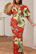Multicolor Fashion Casual Print Slit V Neck Long Dress