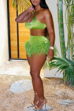 Fluorescent Green Fashion Sexy Solid Patchwork Backless One Shoulder Sleeveless Two Pieces