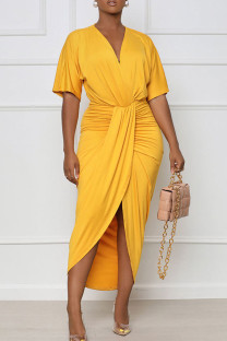 Yellow Casual Solid Split Joint Fold Asymmetrical V Neck Dresses
