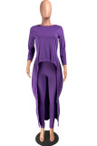 purple Fashion Casual Adult Twilled Satin Solid Pullovers O Neck Long Sleeve Regular Sleeve Longer In The Rear Two Pieces