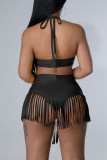 Black Fashion Sexy Solid Tassel Bandage Patchwork Backless Halter Sleeveless Two Pieces