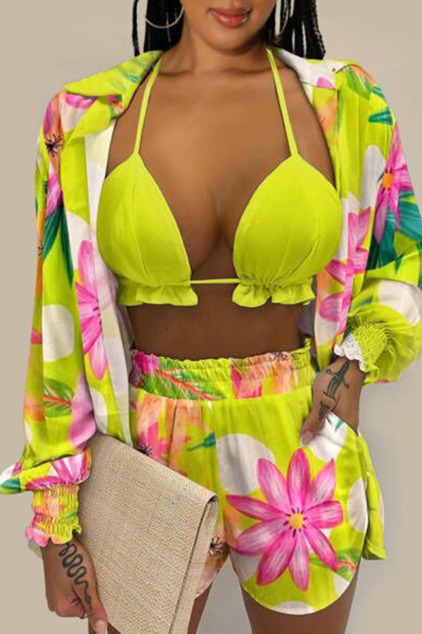 Lemon Yellow Fashion Sexy Print Bandage Swimwears Three-piece Set (Without Paddings)