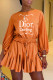 Orange Fashion Casual Print Letter O Neck Loose Rompers