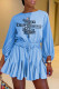Light Blue Fashion Casual Print Letter O Neck Loose Rompers