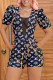 Black Fashion Street Print Patchwork Square Collar Rompers