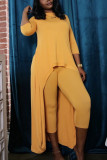 Yellow Fashion Casual Adult Twilled Satin Solid Pullovers O Neck Long Sleeve Regular Sleeve Longer In The Rear Two Pieces