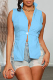 Blue Sexy Solid Patchwork Backless Asymmetrical Turn-back Collar Tops