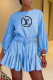 Light Blue Fashion Casual Print Letter O Neck Loose Rompers