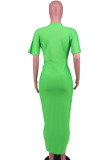 Green Casual Solid Split Joint Fold Asymmetrical V Neck Dresses