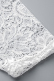 White Sexy Solid Patchwork See-through Half A Turtleneck Short Sleeve Two Pieces