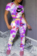 Fuchsia Fashion Street Tie Dye Letter O Neck Short Sleeve Two Pieces