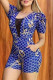 Blue Fashion Street Print Patchwork Square Collar Rompers