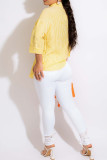 Yellow Casual Striped Print Patchwork Buckle Beading Turndown Collar Tops