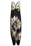 Black Casual Street Print Tie Dye Patchwork V Neck Loose Jumpsuits