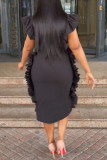 Black Elegant Solid Patchwork Flounce Fold O Neck One Step Skirt Dresses