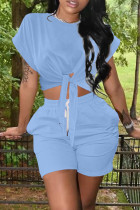 Light Blue Fashion Casual Solid Bandage O Neck Short Sleeve Two Pieces