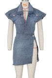Gray Blue Sexy Street Solid Patchwork Buckle Asymmetrical Sleeveless Two Pieces
